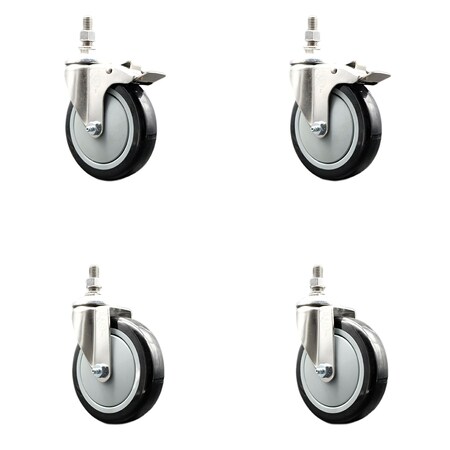 Service Caster 5 Inch 316SS Black Polyurethane 3/8 Inch Threaded Stem Caster Lock Brake, 2PK SS316TSTTL20S514-PPUB-BLK-381615-2S2